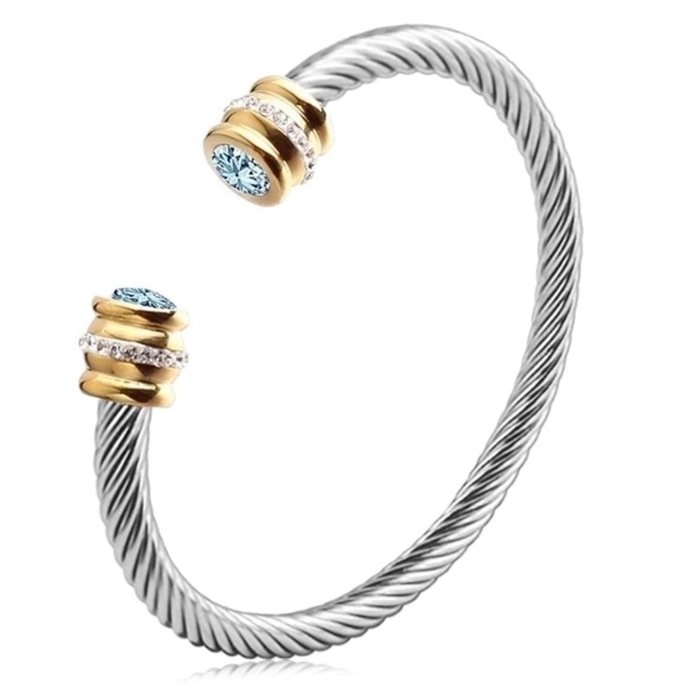 •March• Elegant Twisted Cable Cuff Bracelet with Ice Blue Gemstone Accents